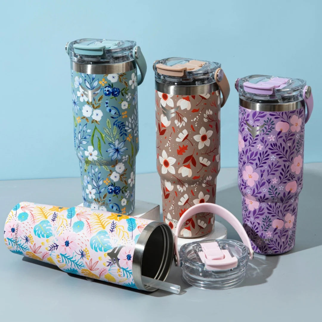Thermotrek Bottle ORCHID Stylish Floral Print Vacuum Insulated Tumbler – 900ml With Handle