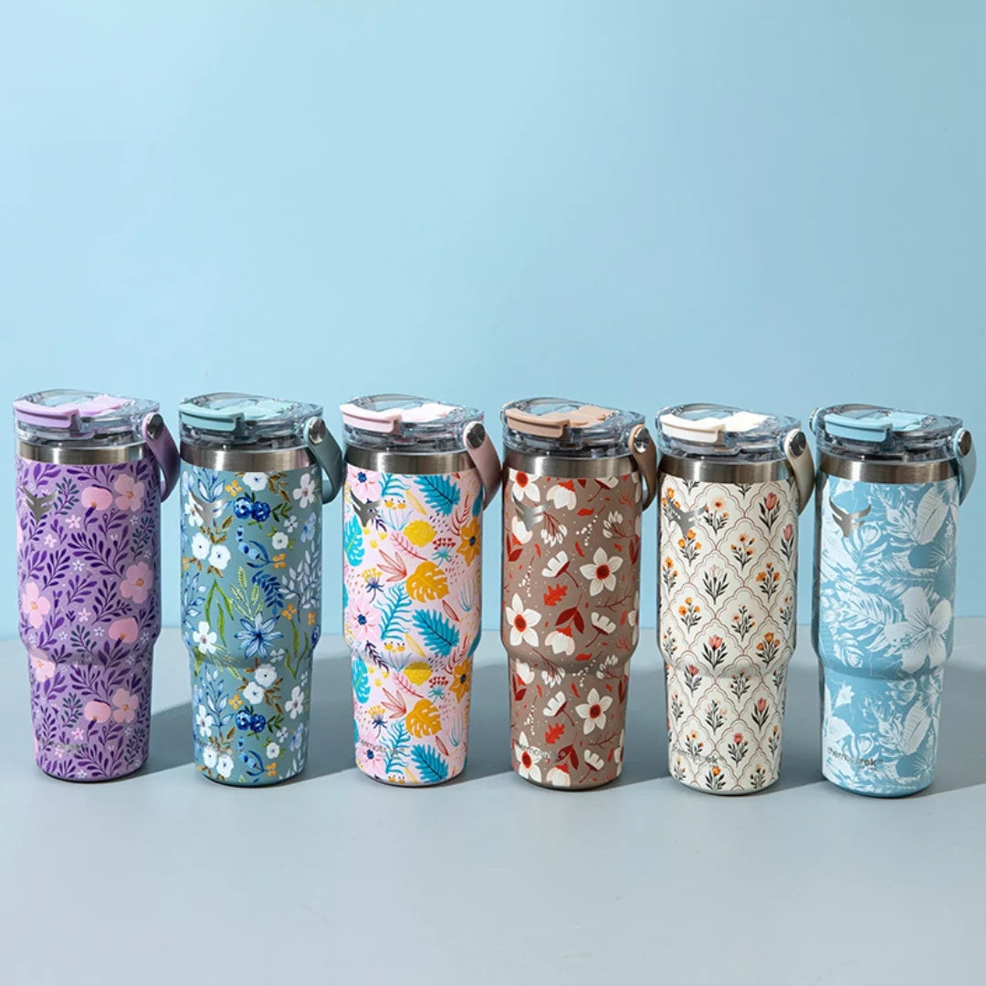 Thermotrek Bottle ORCHID Stylish Floral Print Vacuum Insulated Tumbler – 900ml With Handle