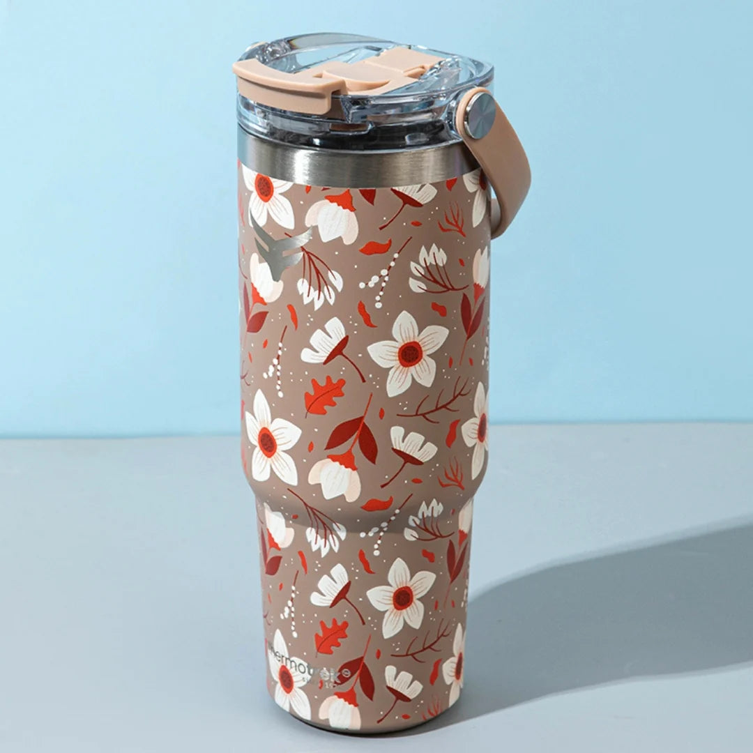 Thermotrek Bottle ORCHID Stylish Floral Print Vacuum Insulated Tumbler – 900ml With Handle